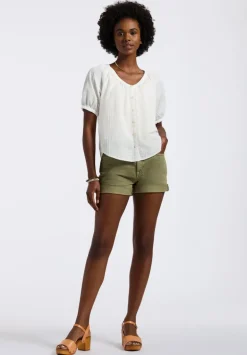 Saarik Women's Textured Plaid Button-Down Blouse with Puff Sleeves and Relaxed Fit, White - WT0153P