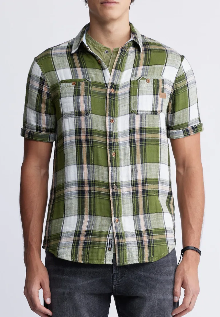 Sachino Men's Short-Sleeve Plaid Shirt in Sphagnum Green - BM24277
