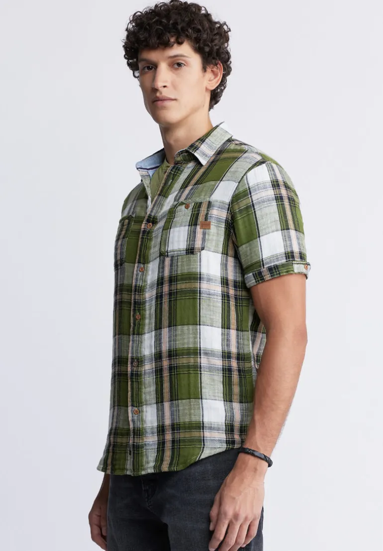 Sachino Men's Short-Sleeve Plaid Shirt in Sphagnum Green - BM24277