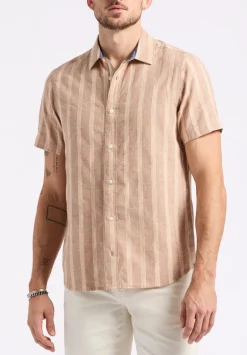 Sagrino Men's Short-Sleeve Striped Fitted Shirt, Woodsmoke Beige - BM24564