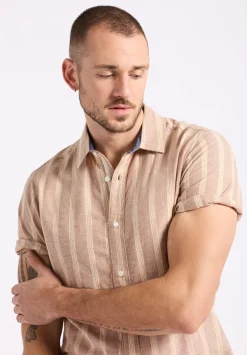 Sagrino Men's Short-Sleeve Striped Fitted Shirt, Woodsmoke Beige - BM24564