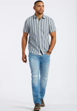 Sagrino Men's Short-Sleeve Striped Fitted Shirt, Whale - BM24564