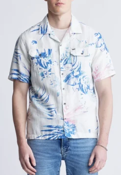 Salaman Men's Short Sleeve Shirt, White with Blue Print - BM24363