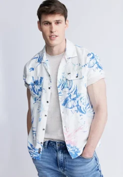 Salaman Men's Short Sleeve Shirt, White with Blue Print - BM24363