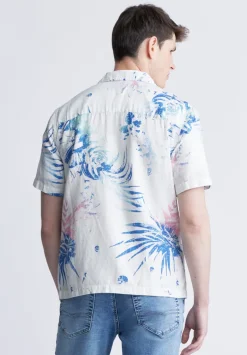 Salaman Men's Short Sleeve Shirt, White with Blue Print - BM24363