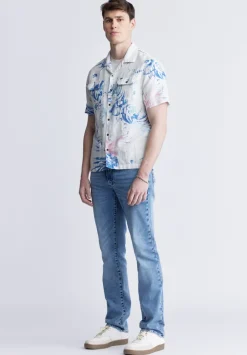 Salaman Men's Short Sleeve Shirt, White with Blue Print - BM24363