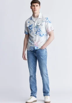 Salaman Men's Short Sleeve Shirt, White with Blue Print - BM24363