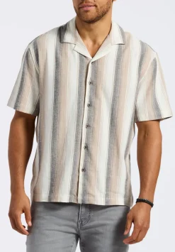 Salaman Men's Short-Sleeve Striped Camp Shirt, Woodsmoke Beige - BM24556