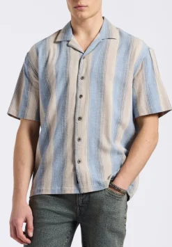 Salaman Men's Short-Sleeve Striped Camp Shirt, Moonlight Blue - BM24556
