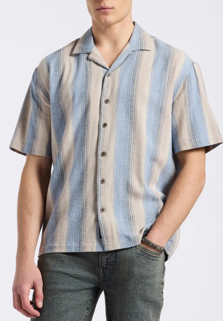 Salaman Men's Short-Sleeve Striped Camp Shirt, Moonlight Blue - BM24556