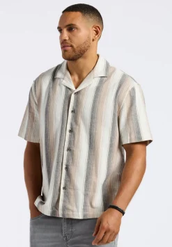 Salaman Men's Short-Sleeve Striped Camp Shirt, Woodsmoke Beige - BM24556