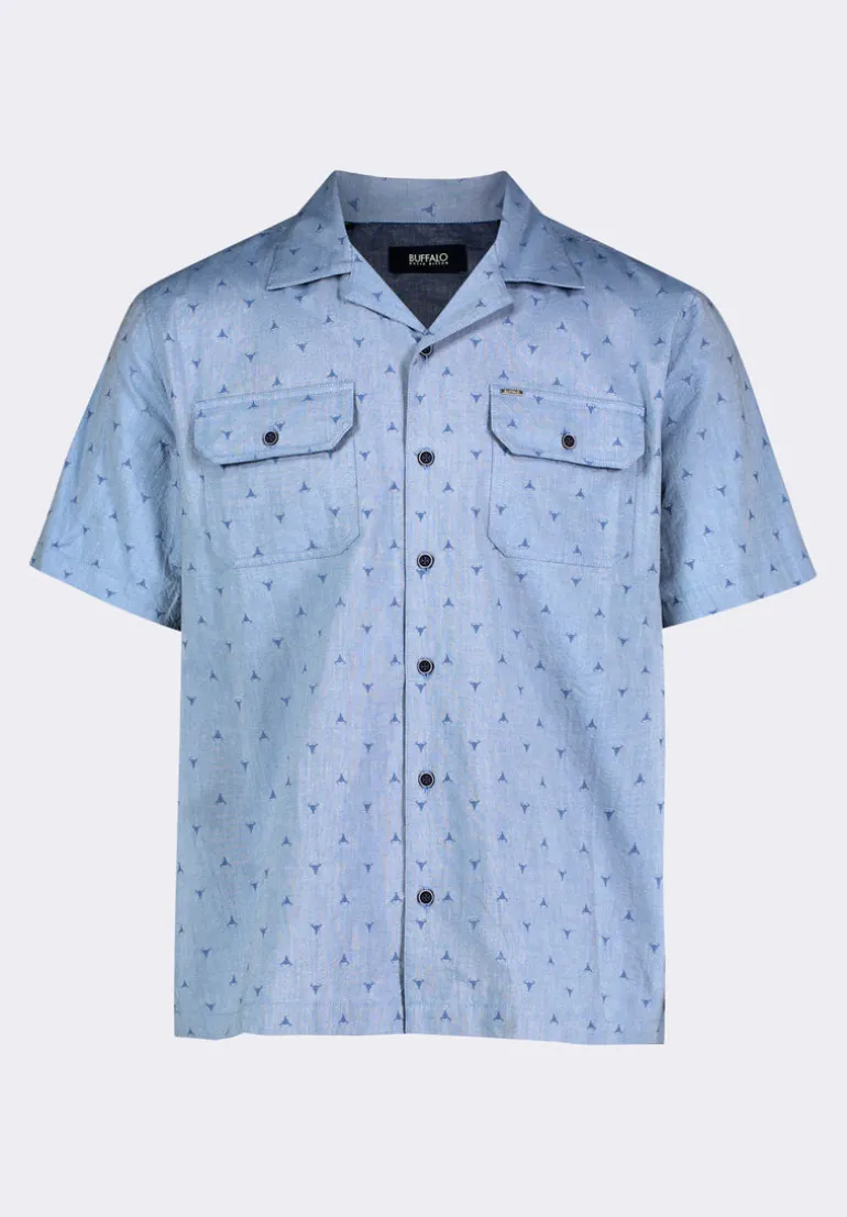 Salaman Men's Short-Sleeve Patterned Shirt with Chest Pockets, Moonlight Blue - BM24552