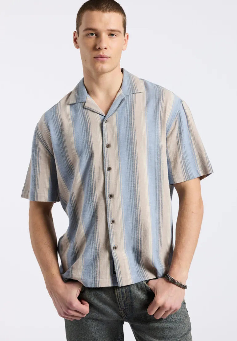 Salaman Men's Short-Sleeve Striped Camp Shirt, Moonlight Blue - BM24556