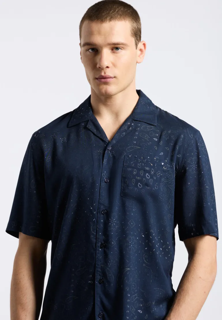 Sandro Men's Lightweight Short-Sleeve Bandana Print Camp Shirt, Whale - BM24554