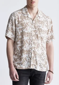 Sandro Men's Short Sleeve Shirt, White and Tan - BM24364