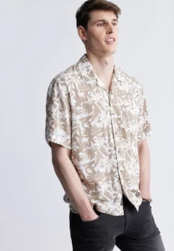 Sandro Men's Short Sleeve Shirt, White and Tan - BM24364