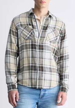 Saolo Men's Long-Sleeve Plaid Shirt, Tan - BM24425