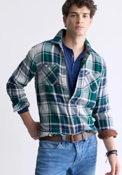 Saolo Men's Long-Sleeve Plaid Shirt, Forest Green - BM24425