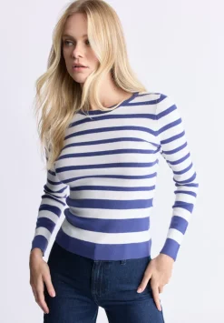 Scotlyn Women's Striped Long-Sleeve Sweater, White & Blue - SW0103H