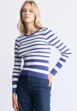 Scotlyn Women's Striped Long-Sleeve Sweater, White & Blue - SW0103H