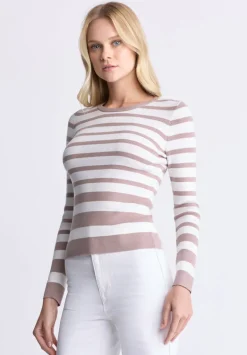 Scotlyn Women's Striped Long-Sleeve Sweater, White & Tan - SW0103H