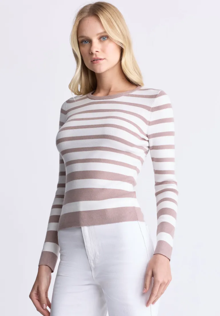 Scotlyn Women's Striped Long-Sleeve Sweater, White & Tan - SW0103H