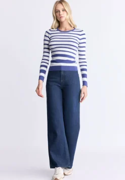 Scotlyn Women's Striped Long-Sleeve Sweater, White & Blue - SW0103H