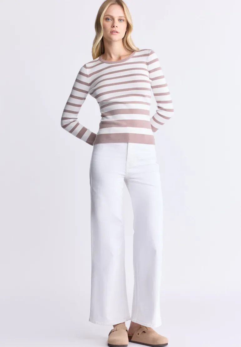 Scotlyn Women's Striped Long-Sleeve Sweater, White & Tan - SW0103H