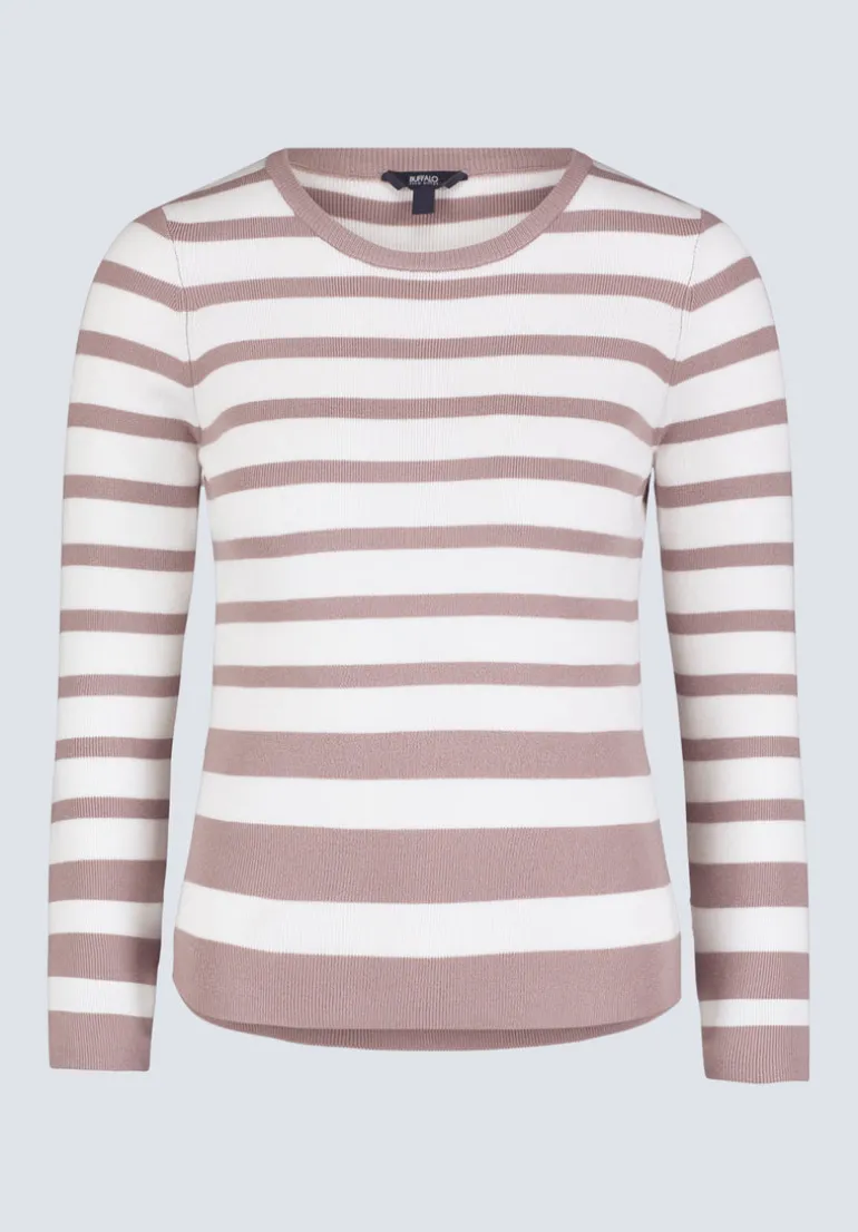 Scotlyn Women's Striped Long-Sleeve Sweater, White & Tan - SW0103H