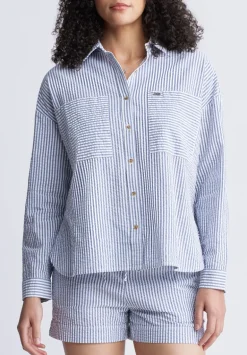 Selea Women's Long Sleeve Seersucker Shirt, Blue - WT0110S