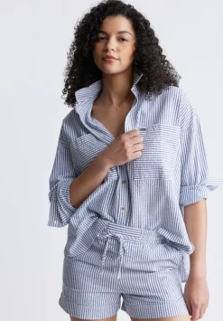 Selea Women's Long Sleeve Seersucker Shirt, Blue - WT0110S