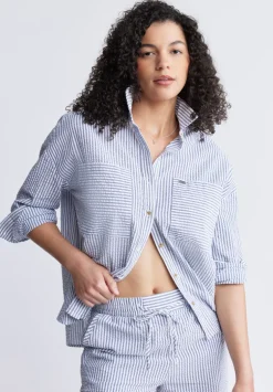 Selea Women's Long Sleeve Seersucker Shirt, Blue - WT0110S