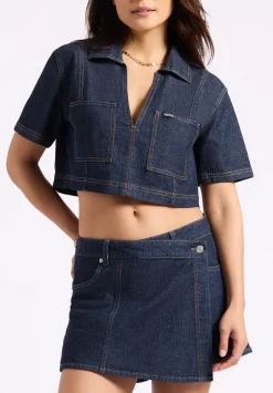 Selena Women's Denim Cropped Top with Patch Pockets, Indigo - BL16016