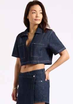 Selena Women's Denim Cropped Top with Patch Pockets, Indigo - BL16016