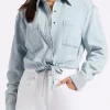 Serena Women's Long-Sleeve Cropped Denim Shirt, Bleached Down Blue - BL16021