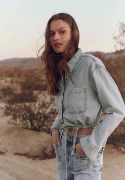Serena Women's Long-Sleeve Cropped Denim Shirt, Bleached Down Blue - BL16021
