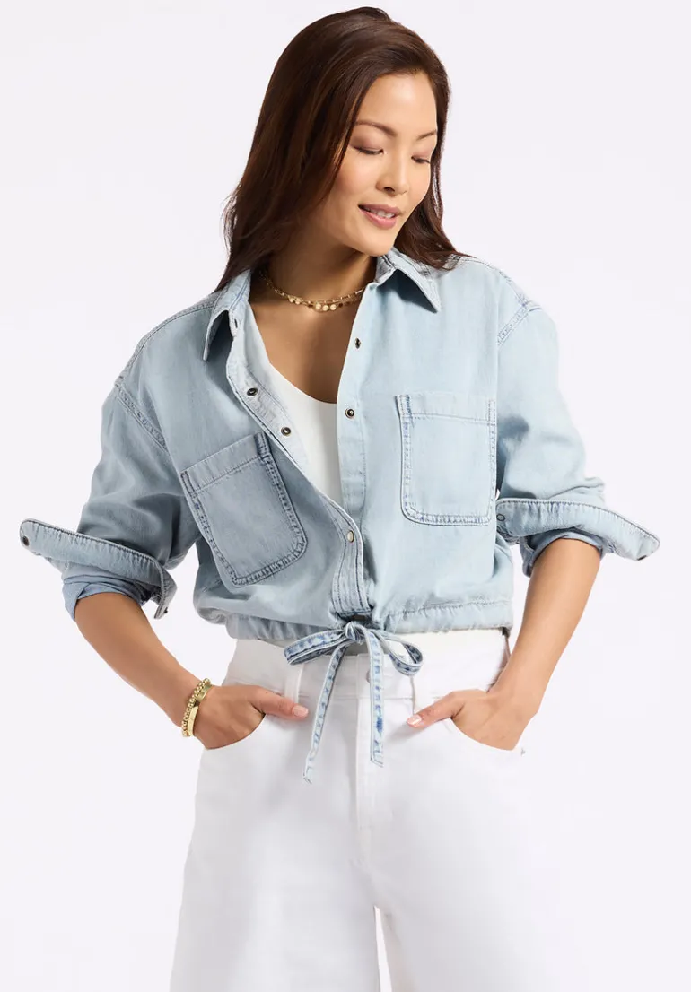 Serena Women's Long-Sleeve Cropped Denim Shirt, Bleached Down Blue - BL16021