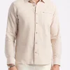 Simbio Men's Long-Sleeve Linen Blend Striped Fitted Shirt, Woodsmoke Beige - BM24561