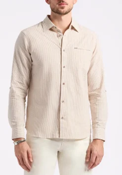 Simbio Men's Long-Sleeve Linen Blend Striped Fitted Shirt, Woodsmoke Beige - BM24561