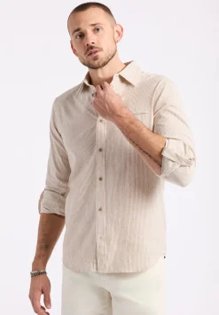 Simbio Men's Long-Sleeve Linen Blend Striped Fitted Shirt, Woodsmoke Beige - BM24561