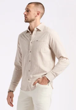 Simbio Men's Long-Sleeve Linen Blend Striped Fitted Shirt, Woodsmoke Beige - BM24561