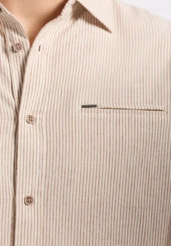 Simbio Men's Long-Sleeve Linen Blend Striped Fitted Shirt, Woodsmoke Beige - BM24561