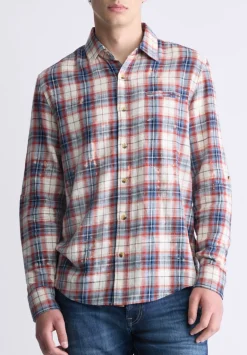 Simbio Men's Long-Sleeve Plaid Fitted Shirt, Beige, Blue & Red - BM24429