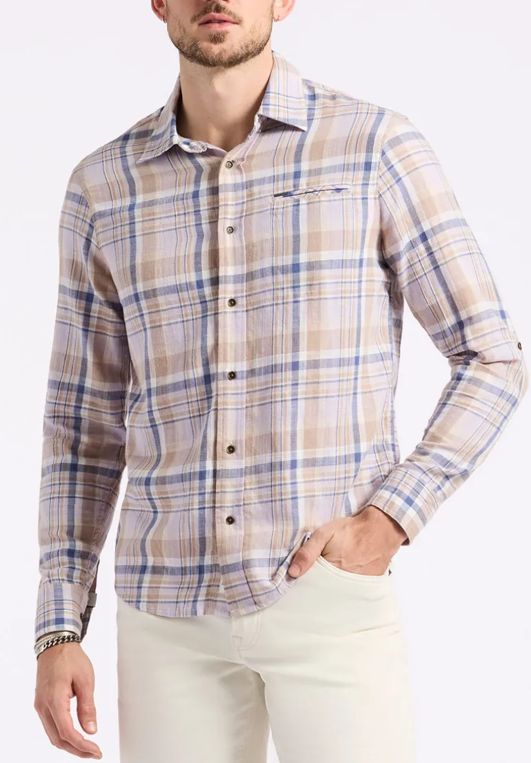 Simbio Men's Long-Sleeve Plaid Fitted Shirt, Beige & Blue - BM24596