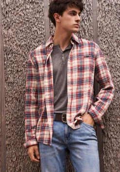 Simbio Men's Long-Sleeve Plaid Fitted Shirt, Beige, Blue & Red - BM24429
