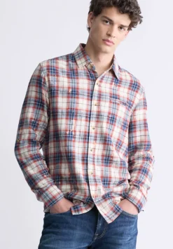 Simbio Men's Long-Sleeve Plaid Fitted Shirt, Beige, Blue & Red - BM24429