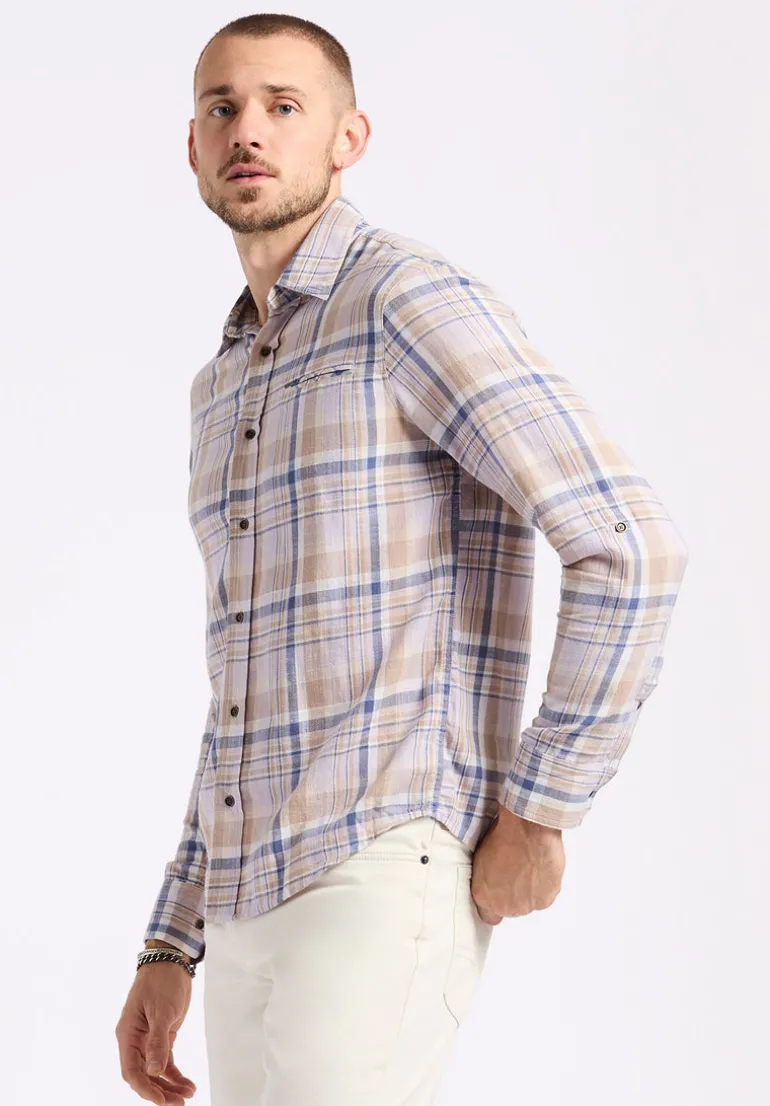 Simbio Men's Long-Sleeve Plaid Fitted Shirt, Beige & Blue - BM24596