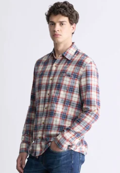 Simbio Men's Long-Sleeve Plaid Fitted Shirt, Beige, Blue & Red - BM24429