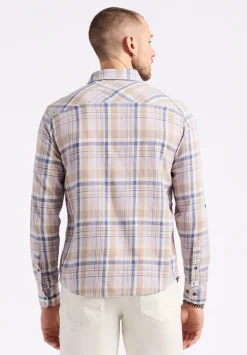 Simbio Men's Long-Sleeve Plaid Fitted Shirt, Beige & Blue - BM24596