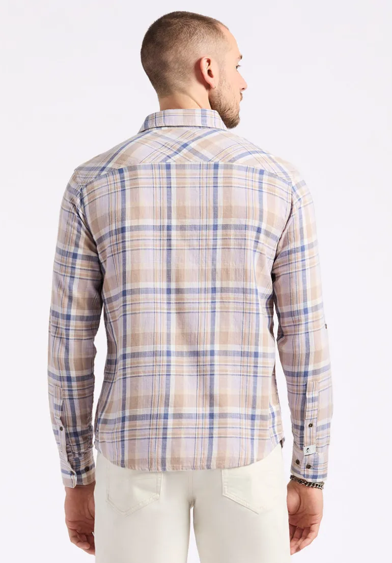 Simbio Men's Long-Sleeve Plaid Fitted Shirt, Beige & Blue - BM24596